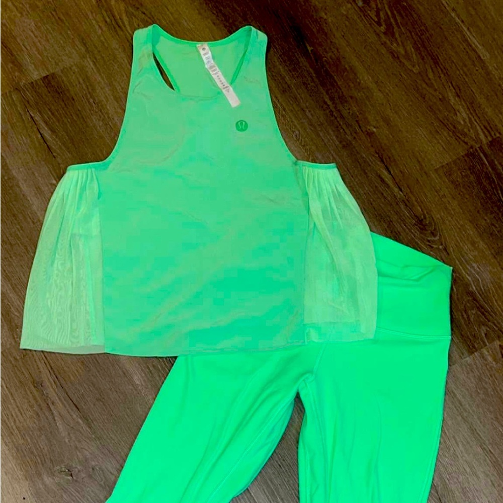 Lululemon Bright Green Leggings Shirt Tank Top Pants Set 4 6